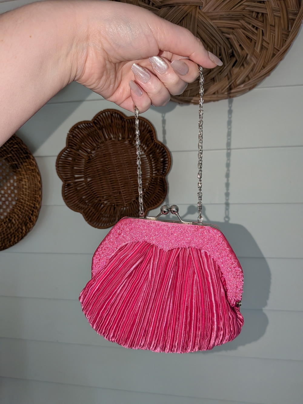 Bijoux Terner Beaded Hot Pink Pleated Evening Clutch with Silver Chain
